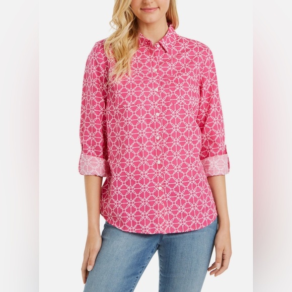 Charter Club NWT Women's Printed Tab-Sleeve Shirt  Size Large, Preppy Pink Cmb) - Picture 1 of 13